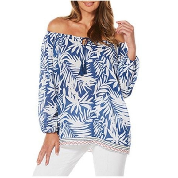 🟢Rafaela Weekend Blue & White Palm Leaf 🍃 Top - Picture 1 of 15